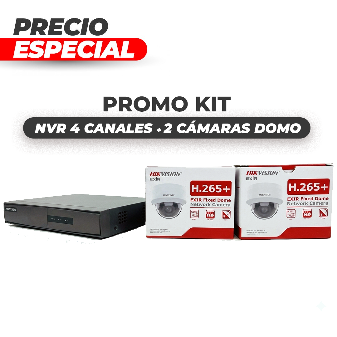 Kit Promo de un NVR 4 Canales PoE + 2 Cámaras Domo IP 2MP IR20M PoE Hikvision